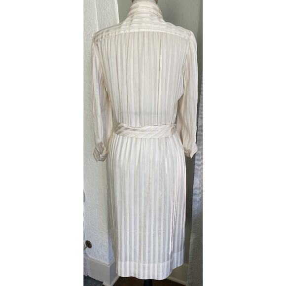 Pure Silk Vintage Ivory Gold Pinstripe Silk Collared Shirt Dress - Est Size 8 - Picture 4 of 8